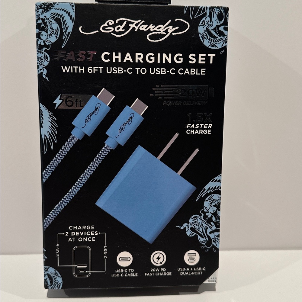 NIB Ed Hardy Fast Charging Set with 6 Ft. USB-C to USB-C Cable.